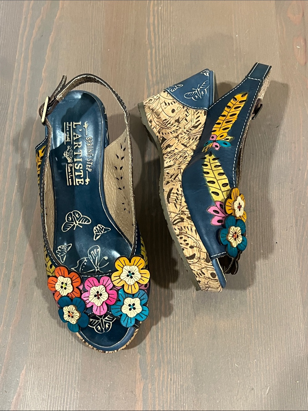 Spring Step L'Artiste Wedge Sandals EU36 Tutti Frutti Leather Flowers Boho Artsy